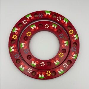 Vtg German Double Wooden Birthday Candle Ring Red Mushrooms Hand Painted Germany